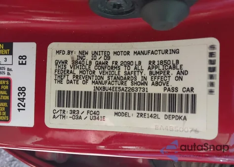 2010 Toyota Corolla Le из США, поврежденный, VIN 1NXBU4EE5AZ263731